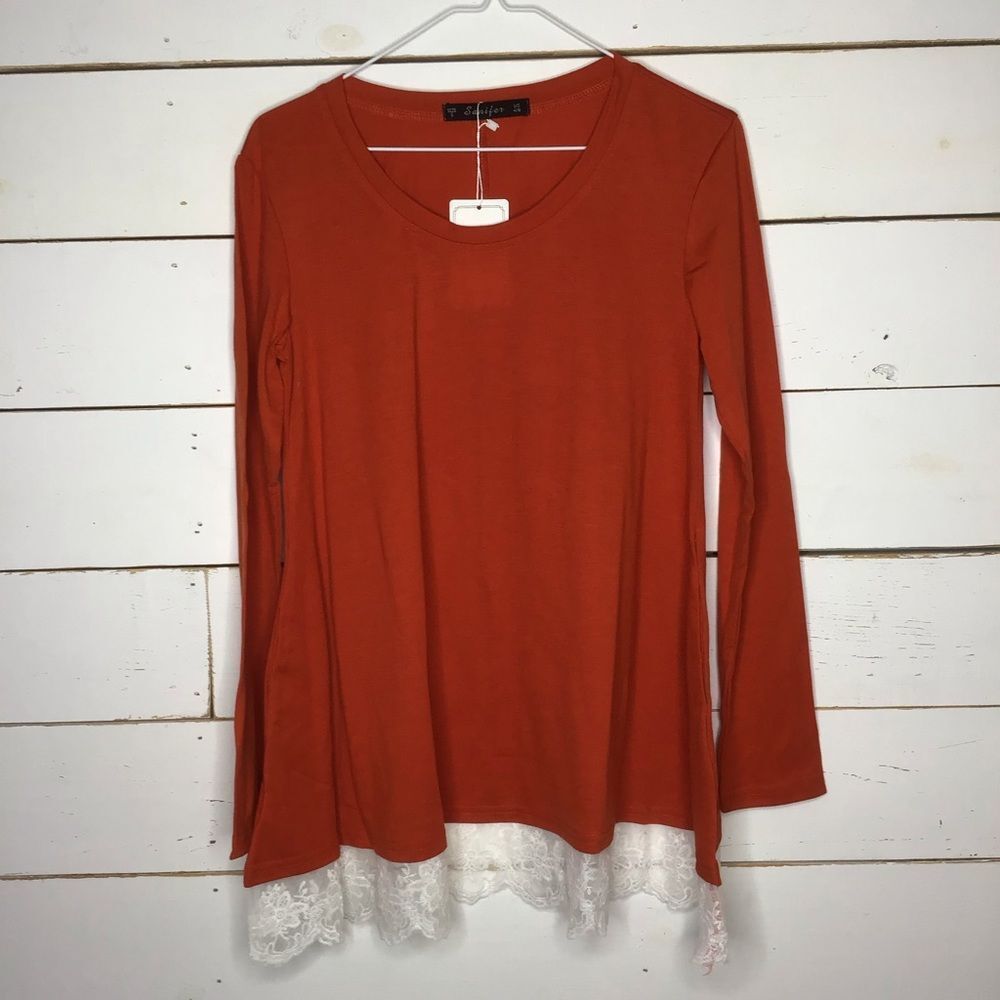 New Sanifer Blouse Long Top Lace Trim Sleeve